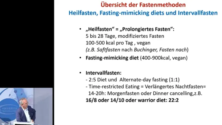 Presentation slide on fasting methods: therapeutic fasting, fasting-mimicking diet and intermittent fasting