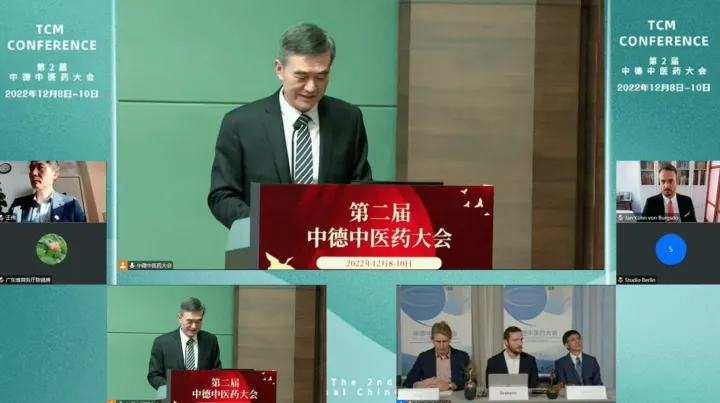Online broadcast of the 2022 TCM Conference with a speaker at the lectern and remote guests