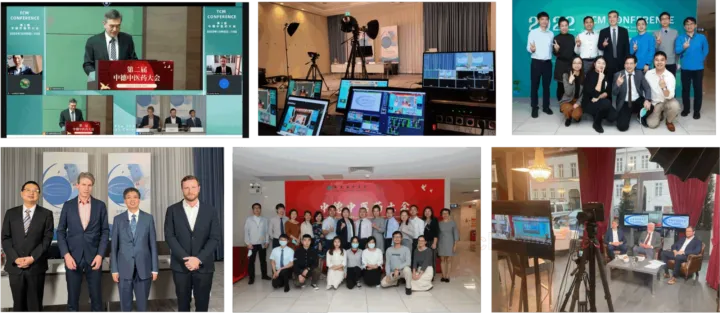 Collage of a hybrid conference: studio, video links and group photos